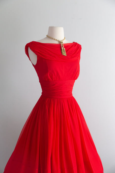 Late 1950's Little Red Party Dress in Chiffon / S