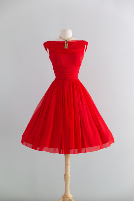 Late 1950's Little Red Party Dress in Chiffon / S