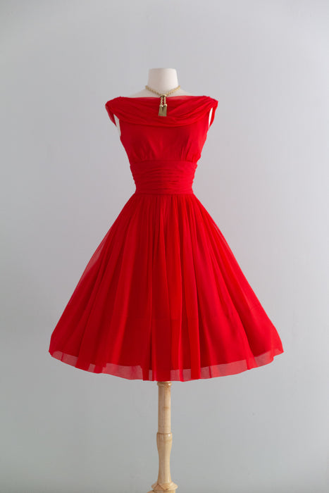 Late 1950's Little Red Party Dress in Chiffon / S