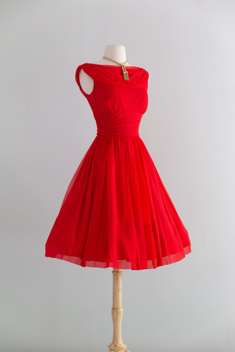 Late 1950's Little Red Party Dress in Chiffon / S