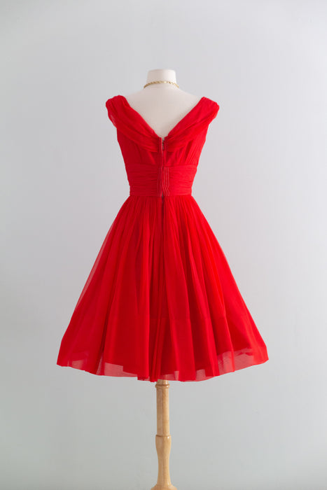Late 1950's Little Red Party Dress in Chiffon / S