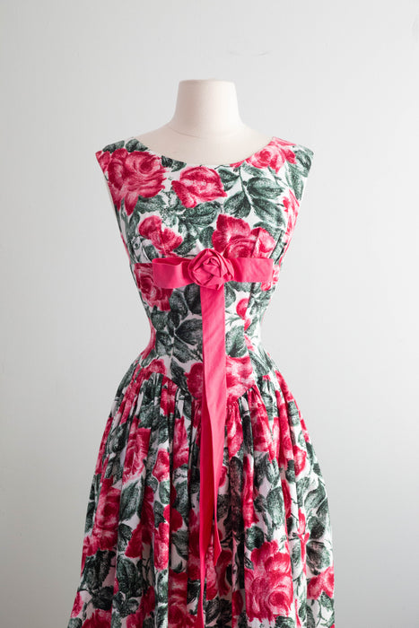 Spectacular 1950's Polished Cotton Rose Print Party Dress / Small