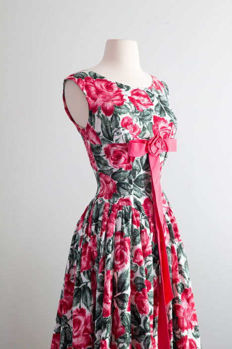 Spectacular 1950's Polished Cotton Rose Print Party Dress / Small