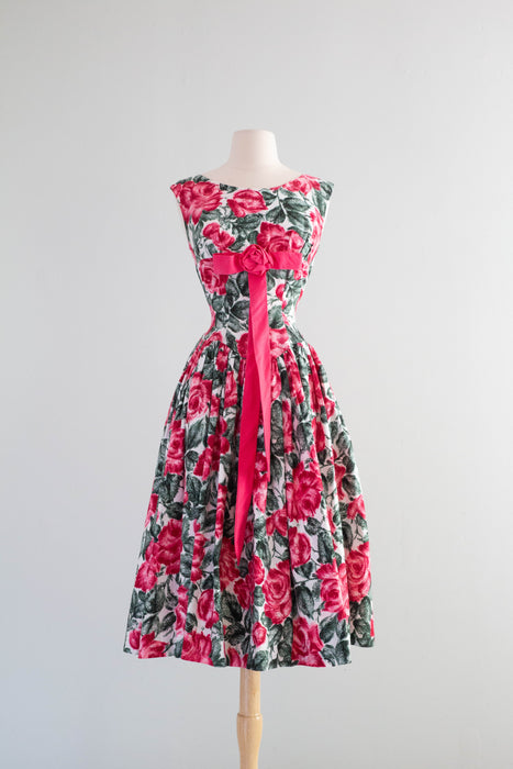 Spectacular 1950's Polished Cotton Rose Print Party Dress / Small