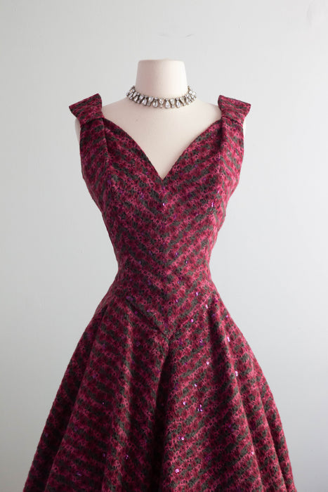 Stunning 1950's Edith Small Aubergine Chevron Cocktail Dress / Small