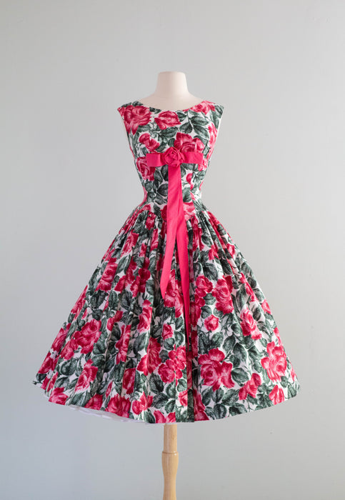 Spectacular 1950's Polished Cotton Rose Print Party Dress / Small