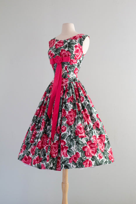 Spectacular 1950's Polished Cotton Rose Print Party Dress / Small