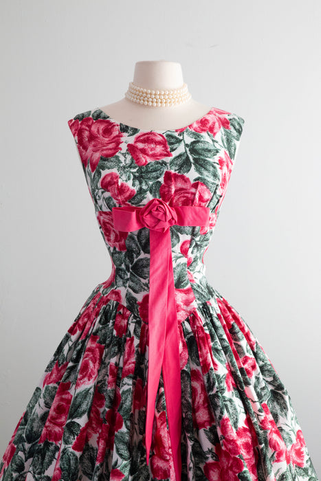 Spectacular 1950's Polished Cotton Rose Print Party Dress / Small