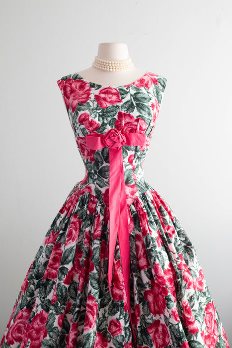 Spectacular 1950's Polished Cotton Rose Print Party Dress / Small