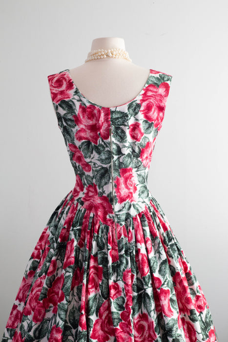 Spectacular 1950's Polished Cotton Rose Print Party Dress / Small