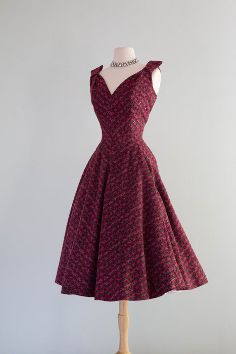 Stunning 1950's Edith Small Aubergine Chevron Cocktail Dress / Small