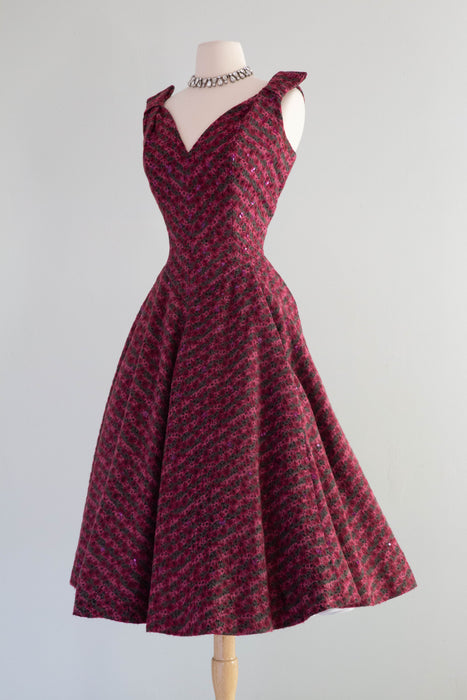 Stunning 1950's Edith Small Aubergine Chevron Cocktail Dress / Small