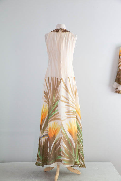 Fabulous 1970's Silk Chiffon Hand Painted "Birds of Paradise" Gown By Richelene / M