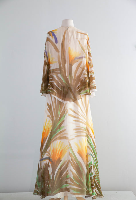 Fabulous 1970's Silk Chiffon Hand Painted "Birds of Paradise" Gown By Richelene / M