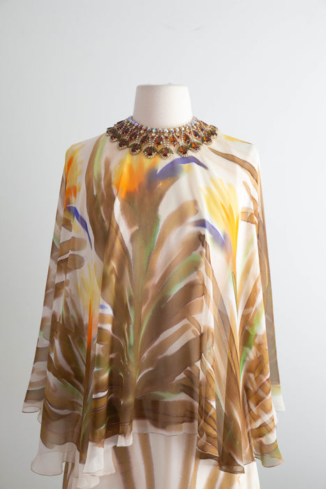 Fabulous 1970's Silk Chiffon Hand Painted "Birds of Paradise" Gown By Richelene / M