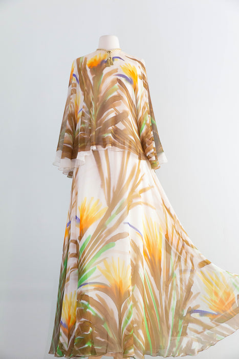 Fabulous 1970's Silk Chiffon Hand Painted "Birds of Paradise" Gown By Richelene / M