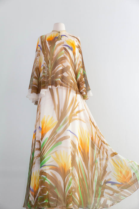 Fabulous 1970's Silk Chiffon Hand Painted "Birds of Paradise" Gown By Richelene / M