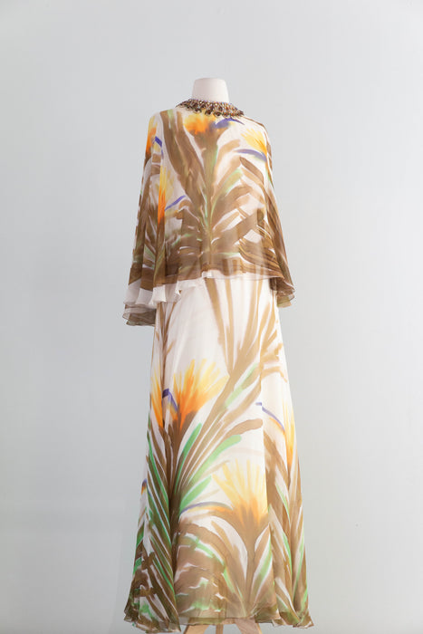 Fabulous 1970's Silk Chiffon Hand Painted "Birds of Paradise" Gown By Richelene / M