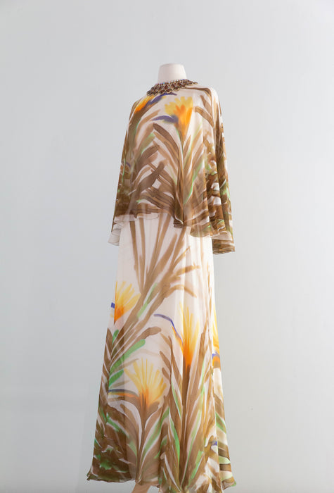 Fabulous 1970's Silk Chiffon Hand Painted "Birds of Paradise" Gown By Richelene / M