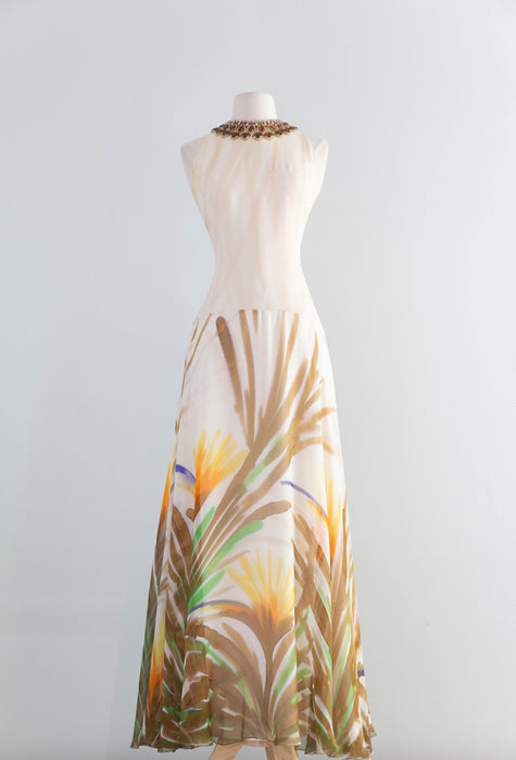 Fabulous 1970's Silk Chiffon Hand Painted "Birds of Paradise" Gown By Richelene / M