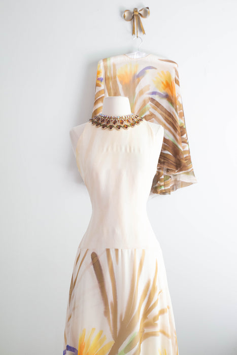 Fabulous 1970's Silk Chiffon Hand Painted "Birds of Paradise" Gown By Richelene / M