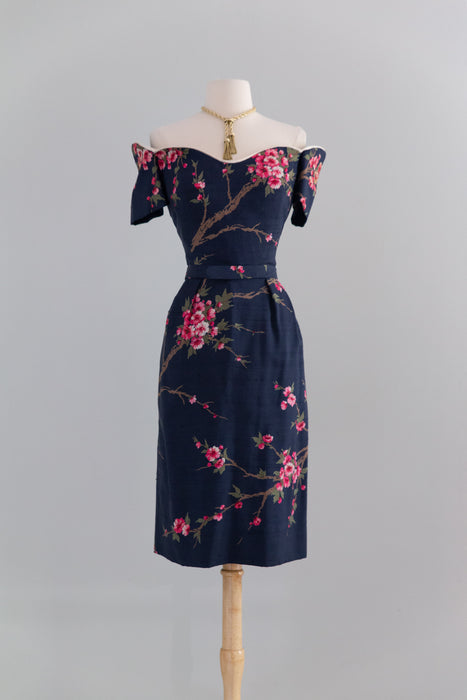 Rare 1950's Howard Greer Silk Cherry Blossom Cocktail Dress / SM