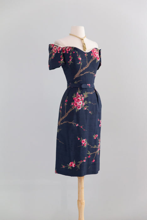 Rare 1950's Howard Greer Silk Cherry Blossom Cocktail Dress / SM