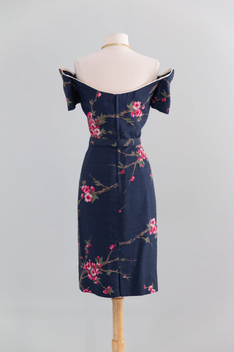 Rare 1950's Howard Greer Silk Cherry Blossom Cocktail Dress / SM