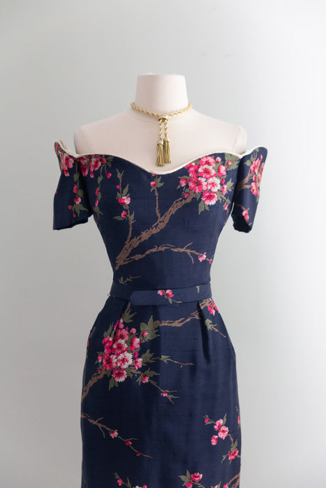 Rare 1950's Howard Greer Silk Cherry Blossom Cocktail Dress / SM