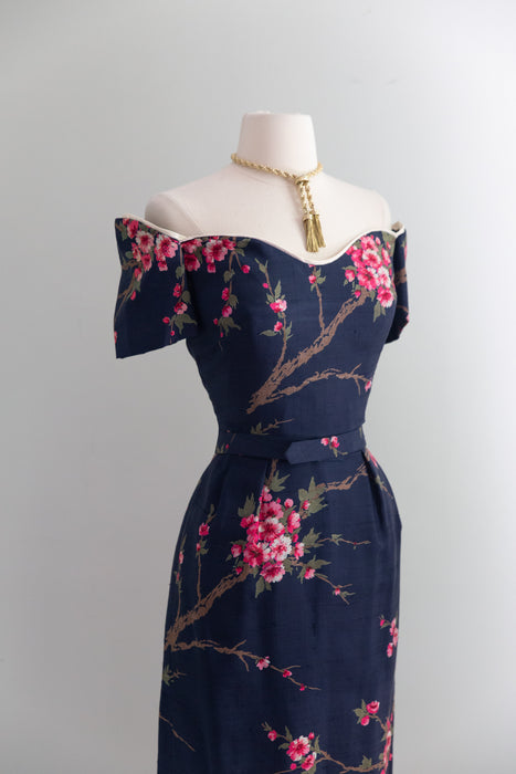 Rare 1950's Howard Greer Silk Cherry Blossom Cocktail Dress / SM