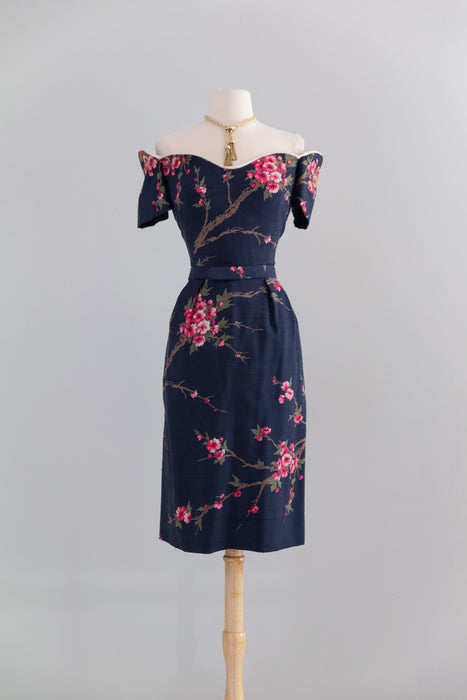 Rare 1950's Howard Greer Silk Cherry Blossom Cocktail Dress / SM
