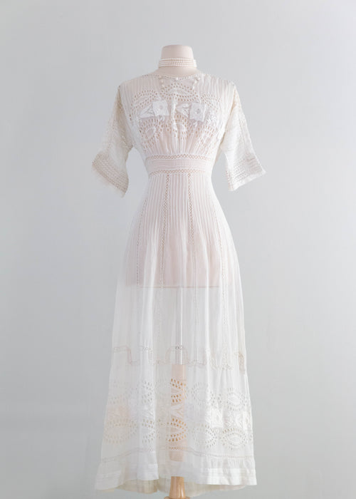 Exquistie Rose Embroidered 1900's Edwardian Cotton Wedding Dress / XS