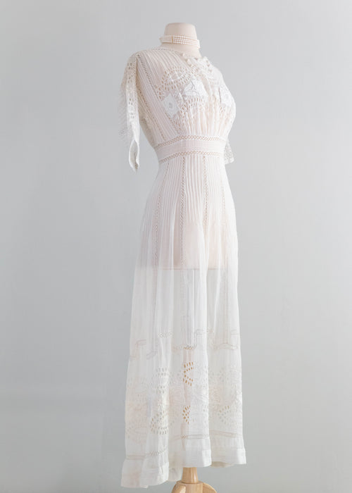 Exquistie Rose Embroidered 1900's Edwardian Cotton Wedding Dress / XS