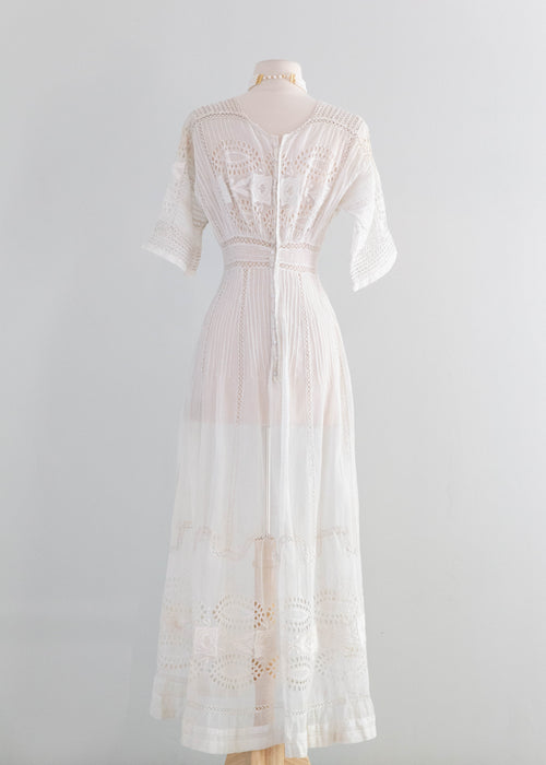 Exquistie Rose Embroidered 1900's Edwardian Cotton Wedding Dress / XS