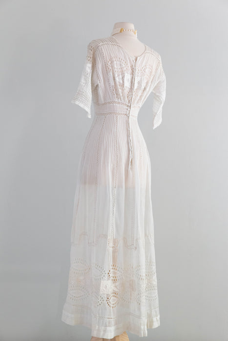 Exquistie Rose Embroidered 1900's Edwardian Cotton Wedding Dress / XS