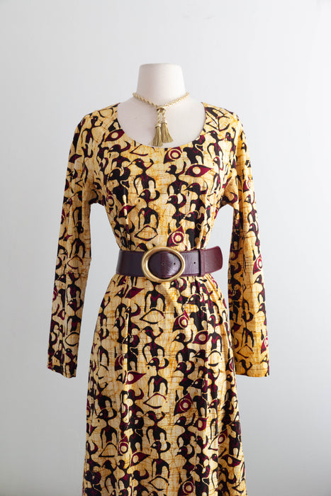 Striking 1970's Saffron Bird Print Batik Cotton Maxi Dress / ML