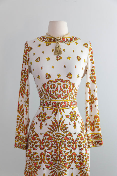 Fabulous 1970's Baroque Border Print Jersey Print Dress From Saks Fifth Ave / M