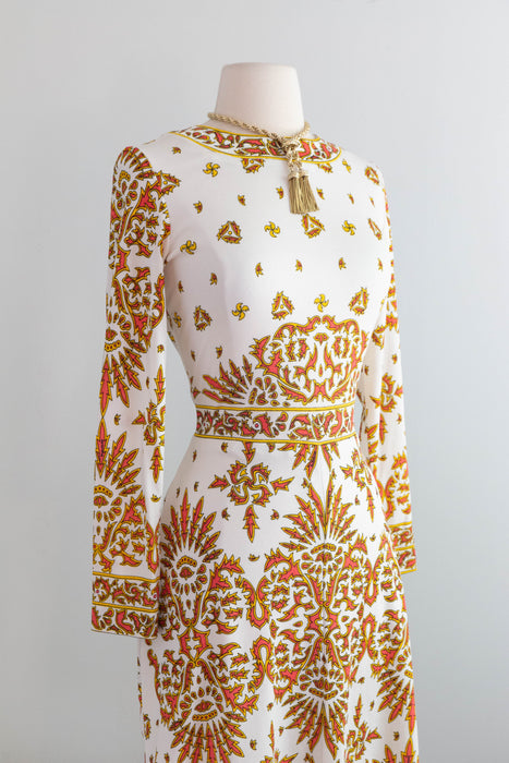 Fabulous 1970's Baroque Border Print Jersey Print Dress From Saks Fifth Ave / M