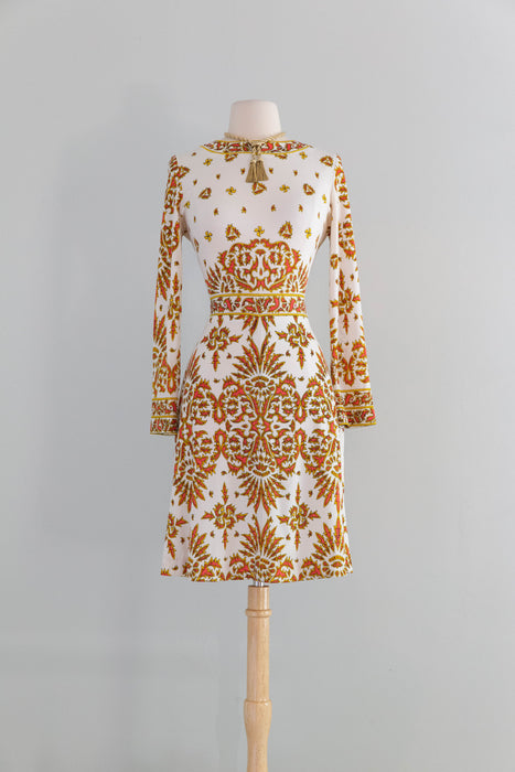 Fabulous 1970's Baroque Border Print Jersey Print Dress From Saks Fifth Ave / M