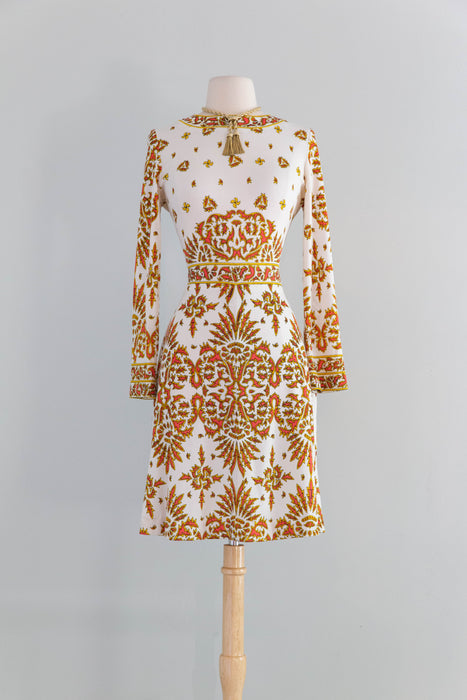Fabulous 1970's Baroque Border Print Jersey Print Dress From Saks Fifth Ave / M