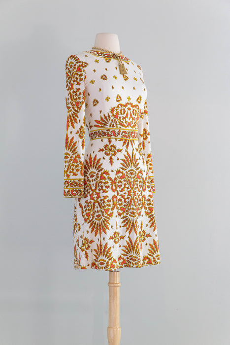 Fabulous 1970's Baroque Border Print Jersey Print Dress From Saks Fifth Ave / M