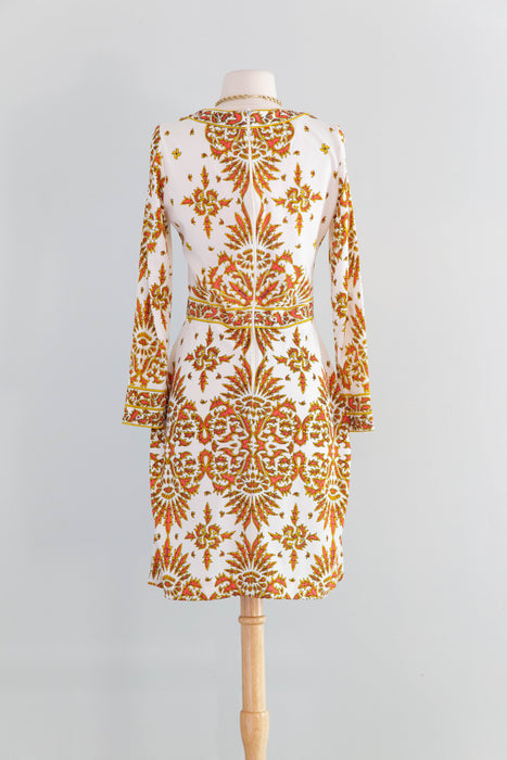 Fabulous 1970's Baroque Border Print Jersey Print Dress From Saks Fifth Ave / M