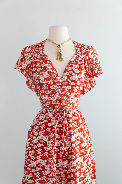 Romantic 1970's Flutter Sleeve Floral Wrap Style Day Dress / SM