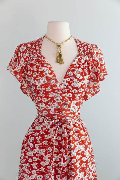 Romantic 1970's Flutter Sleeve Floral Wrap Style Day Dress / SM