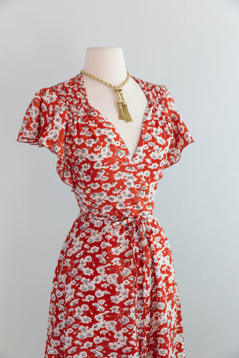 Romantic 1970's Flutter Sleeve Floral Wrap Style Day Dress / SM