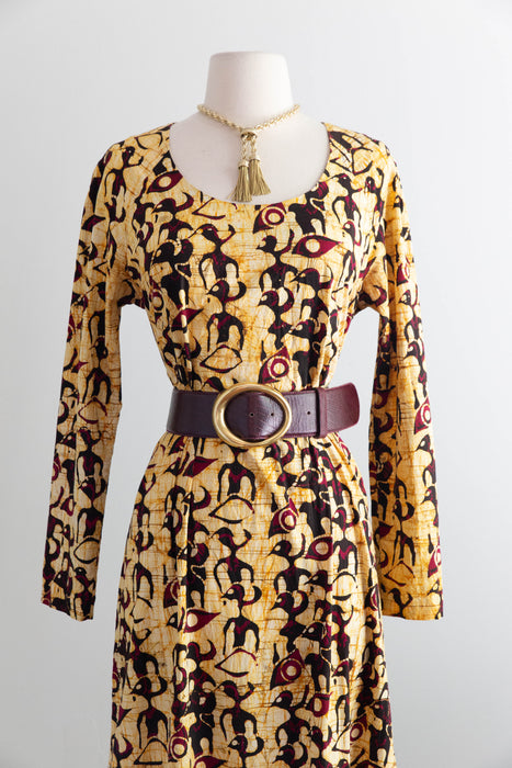 Striking 1970's Saffron Bird Print Batik Cotton Maxi Dress / ML