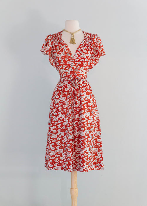 Romantic 1970's Flutter Sleeve Floral Wrap Style Day Dress / SM