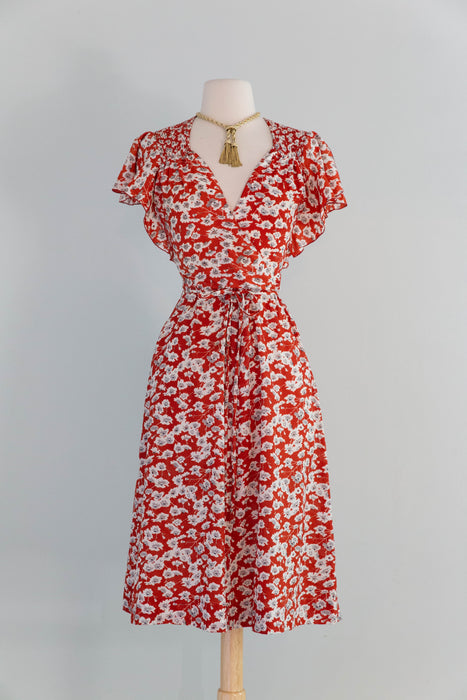 Romantic 1970's Flutter Sleeve Floral Wrap Style Day Dress / SM