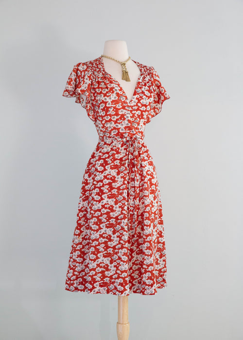 Romantic 1970's Flutter Sleeve Floral Wrap Style Day Dress / SM