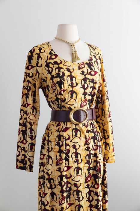 Striking 1970's Saffron Bird Print Batik Cotton Maxi Dress / ML